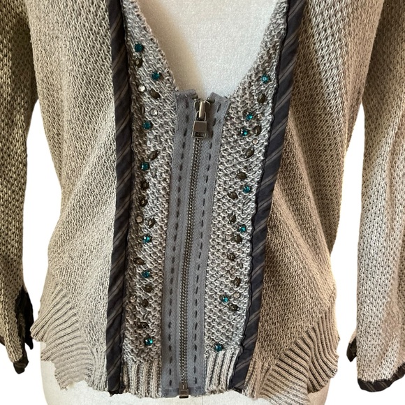 Free People Women's Gray Waffle Knit Beaded Cropped Zip Up Cardigan - Picture 2 of 8